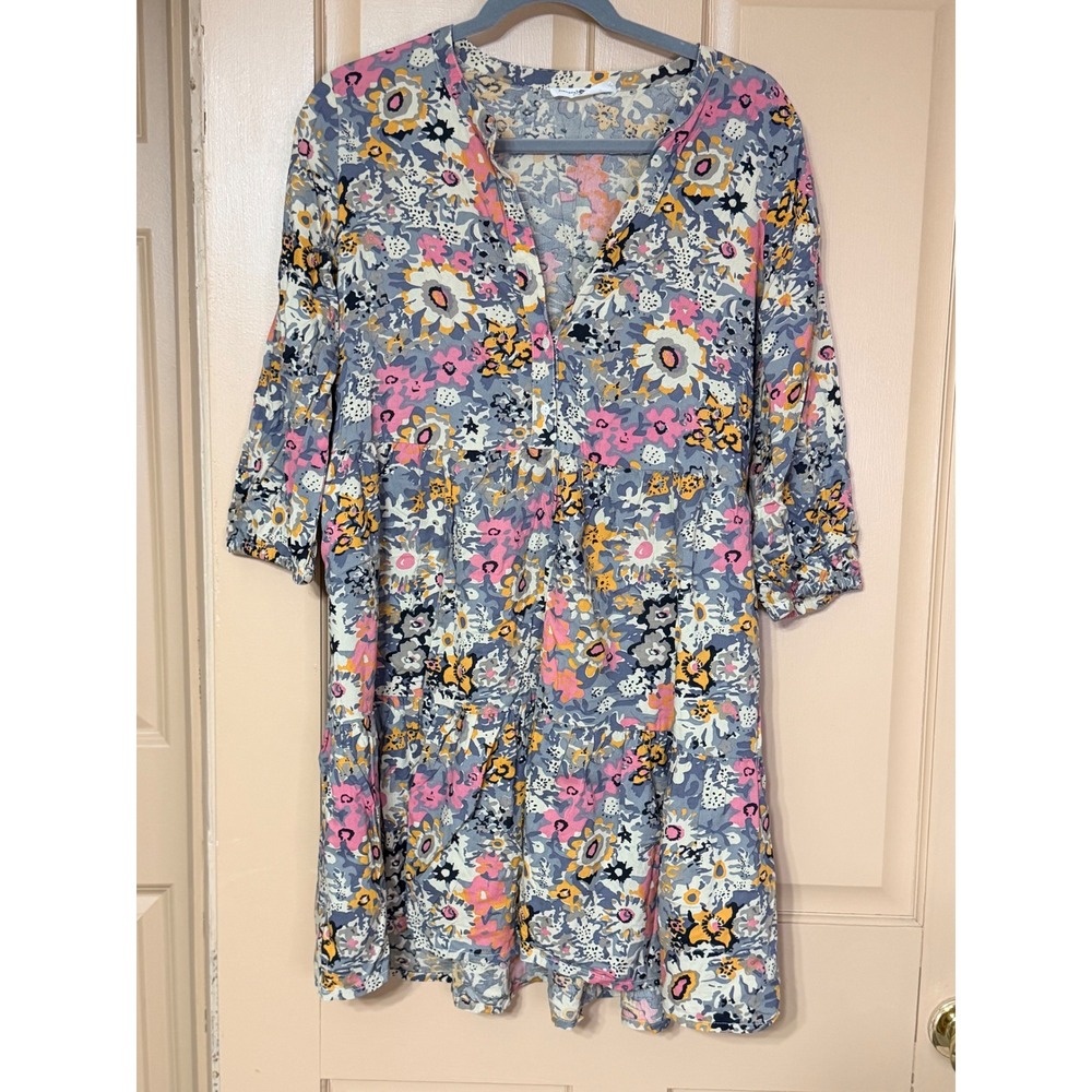 Natural Life Floral Tiered Mini Dress Blue Pink Yellow Boho V-Neck Small